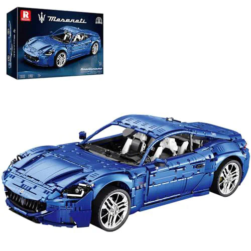 Blue Reobrix Maserati model car made of interlocking bricks with packaging in the background.