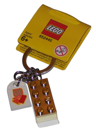 LEGO 2 x 4 Brick - Chrome Gold Key Chain with Lego 50 Year Anniversary Logo Tile, Modified 3 x 2 Curved with Hole